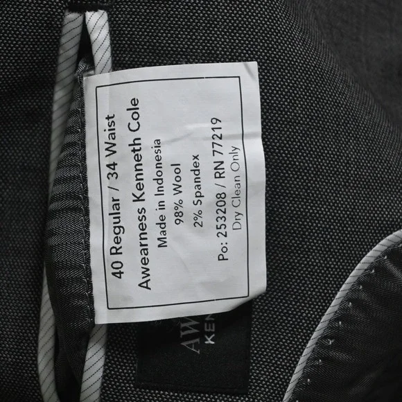 Kenneth Cole Awearness 40R 32x32 Gray Birdseye Stretch Wool Jacket Pants Suit